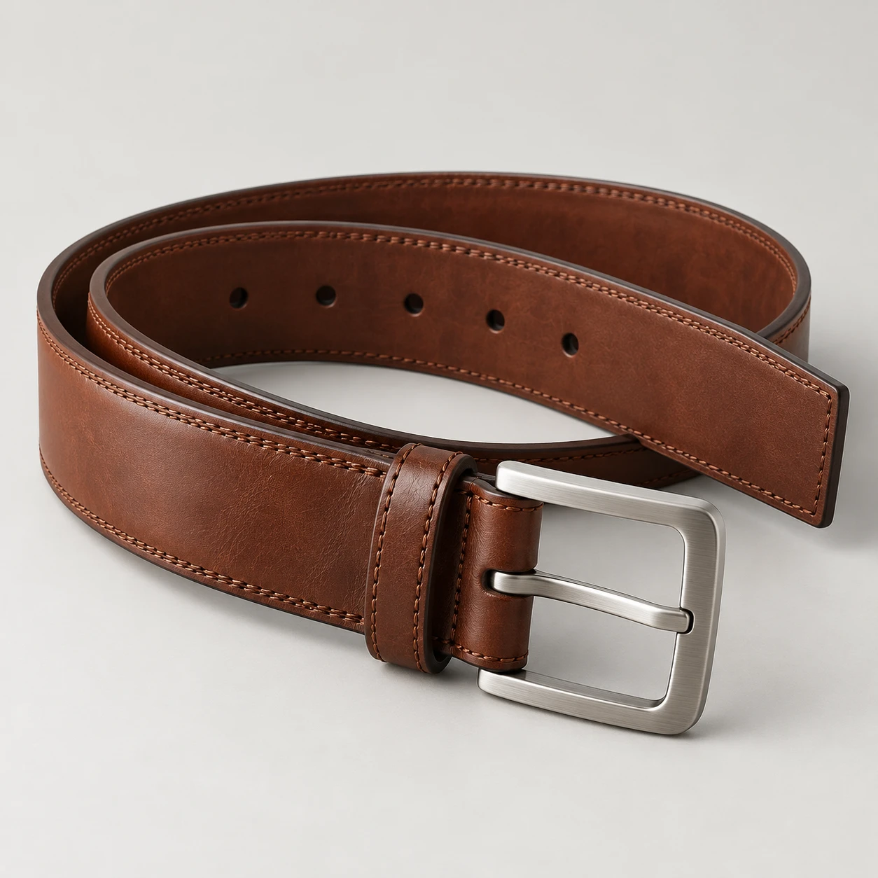 Chestnut Circuit Wide belt with cowhide leather, 38mm width, brushed stainless steel pin buckle, squared tail, double stitched edges, five holes