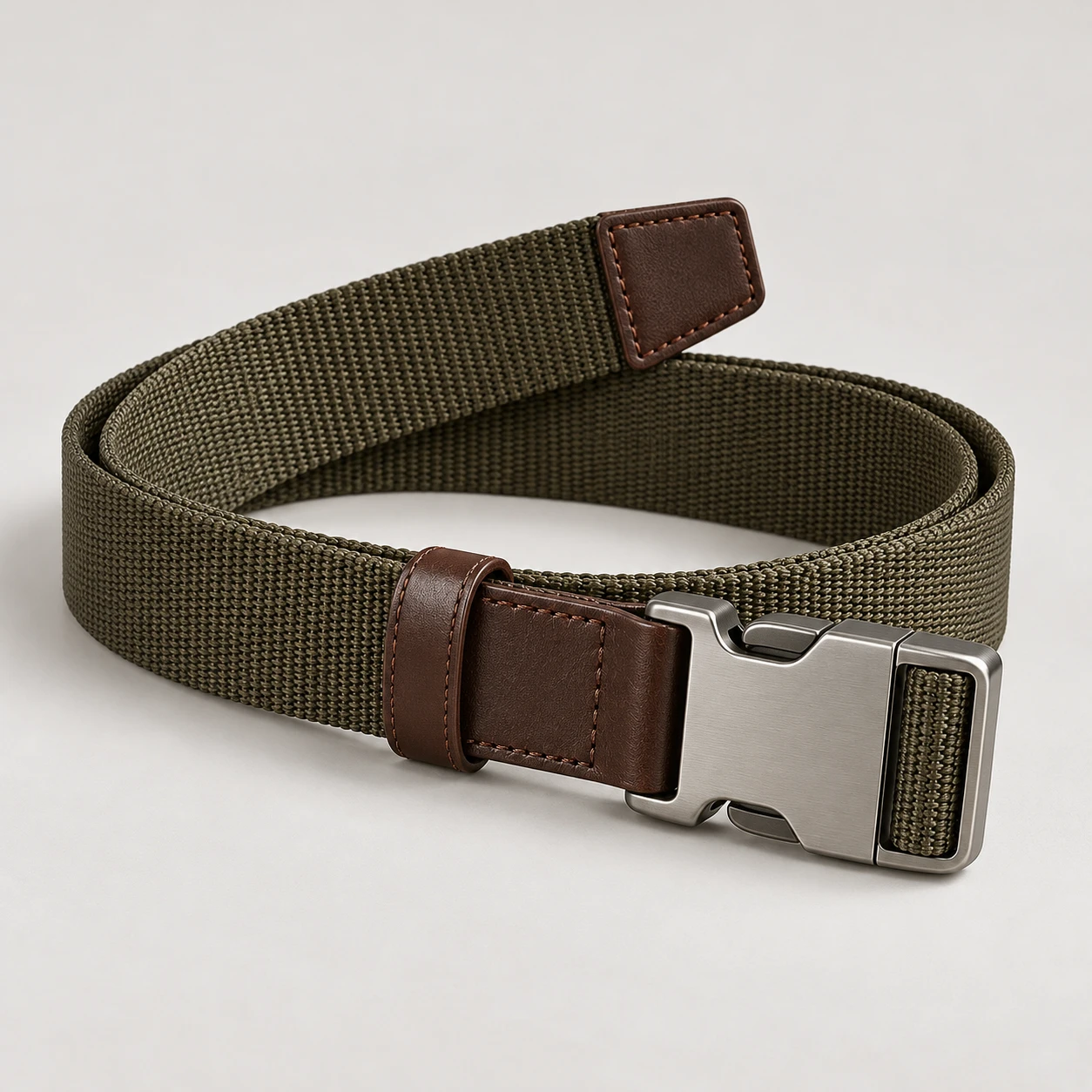 Olive / Espresso Frame Hybrid belt with nylon webbing body with cowhide leather end pieces, 35mm width, zinc alloy side release clip buckle, leather keeper