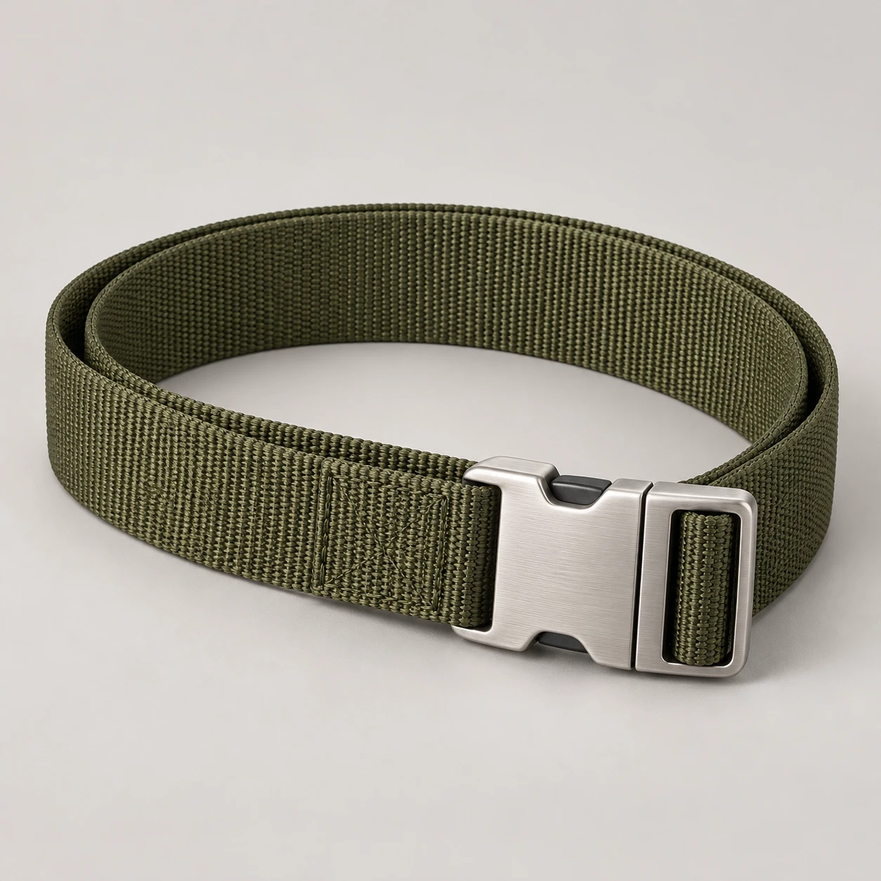 Olive Track Clip belt with nylon webbing, 32mm width, brushed aluminum side release clip buckle, sewn straight tail