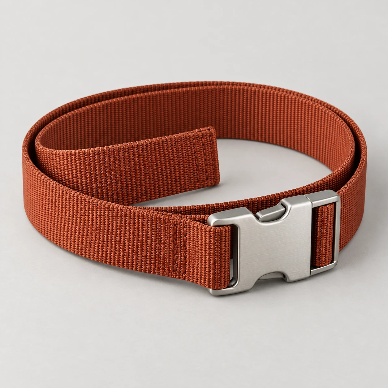 Rust Motion Clip belt with nylon webbing, 32mm width, brushed aluminum side release clip buckle, sewn straight tail